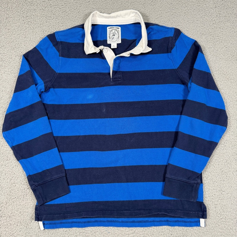 Lands End Rugby Shirt Mens XL Blue Striped Heavy Cotton Long Sleeve Polo